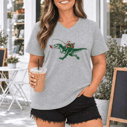 Santa Riding T-Rex Ultra-Soft V-Neck | Christmas Reader Gift Athletic Heather