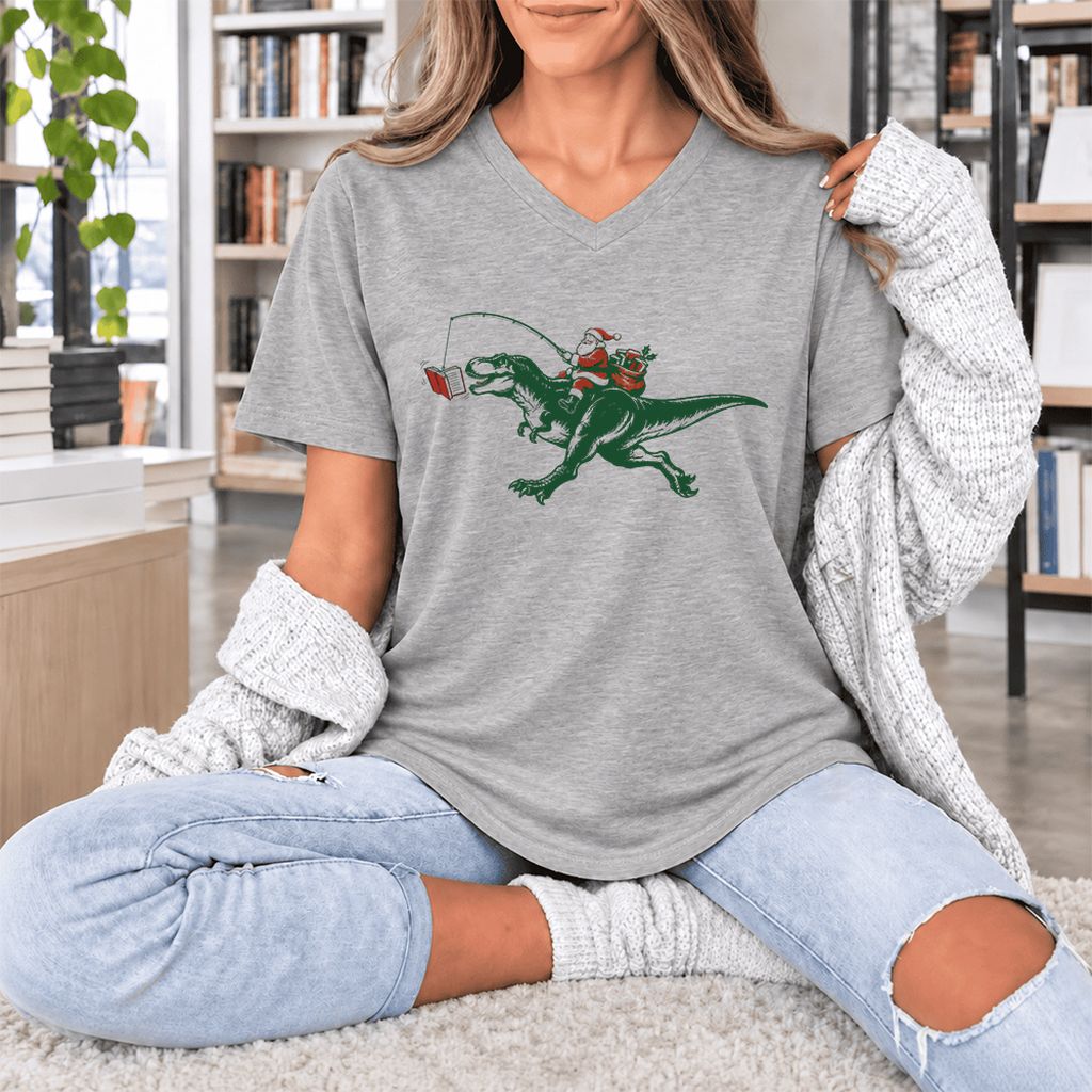 Santa Riding T-Rex Ultra-Soft V-Neck | Christmas Reader Gift Athletic Heather