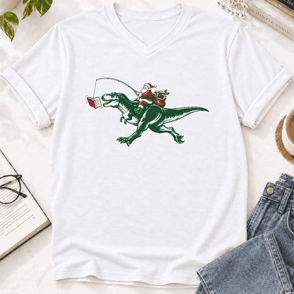 Santa Riding T-Rex Ultra-Soft V-Neck | Christmas Reader Gift White