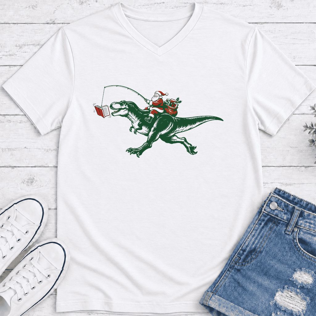 Santa Riding T-Rex Ultra-Soft V-Neck | Christmas Reader Gift White