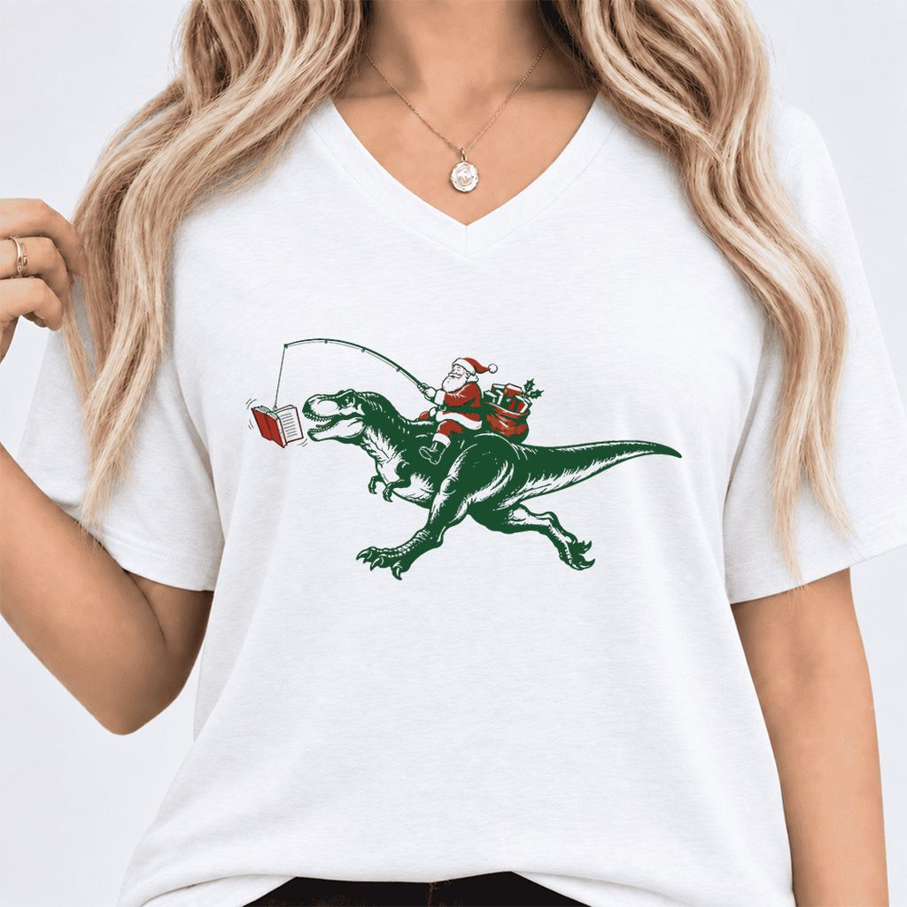 Santa Riding T-Rex Ultra-Soft V-Neck | Christmas Reader Gift White