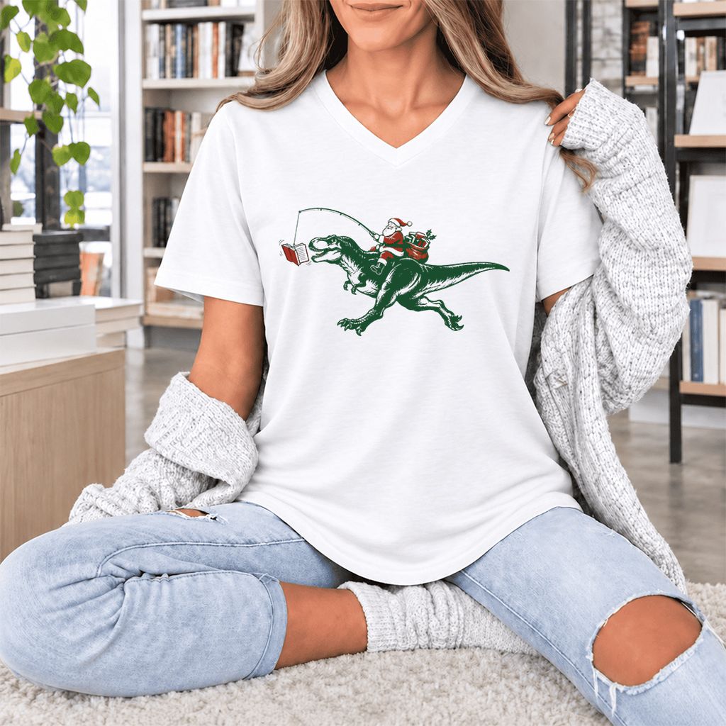 Santa Riding T-Rex Ultra-Soft V-Neck | Christmas Reader Gift White