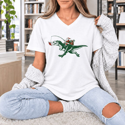 Santa Riding T-Rex Ultra-Soft V-Neck | Christmas Reader Gift White