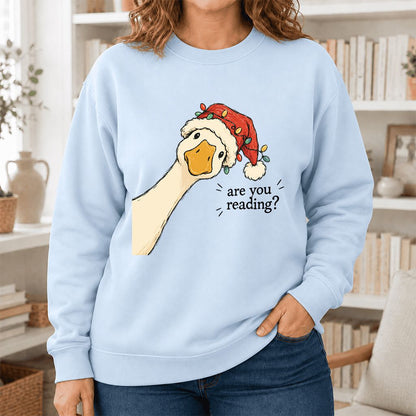 Are You Reading Goose Printed Sweatshirt | Funny Christmas Book Lover Gift Light Blue