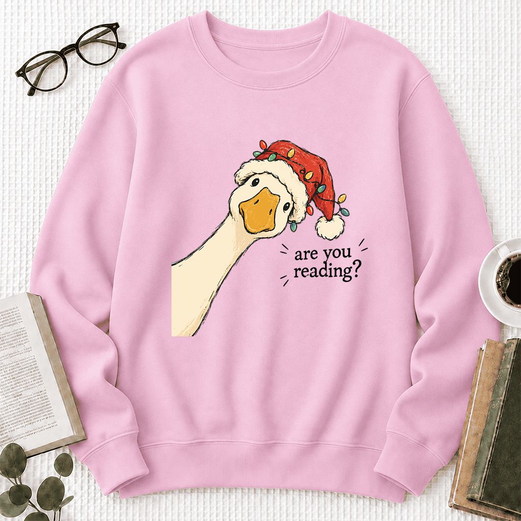 Are You Reading Goose Printed Sweatshirt | Funny Christmas Book Lover Gift Light Pink
