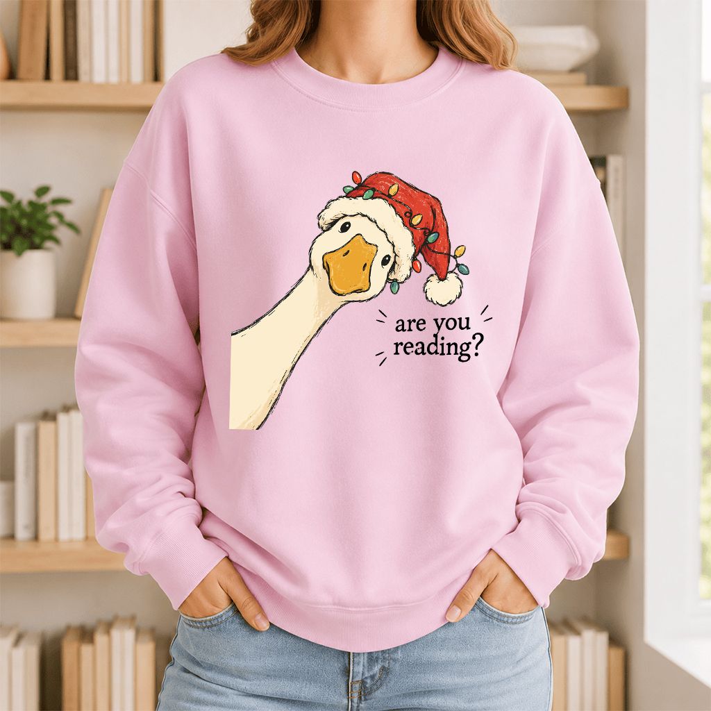 Are You Reading Goose Printed Sweatshirt | Funny Christmas Book Lover Gift Light Pink