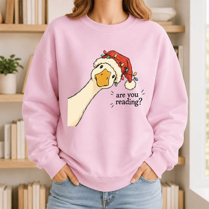 Are You Reading Goose Printed Sweatshirt | Funny Christmas Book Lover Gift Light Pink