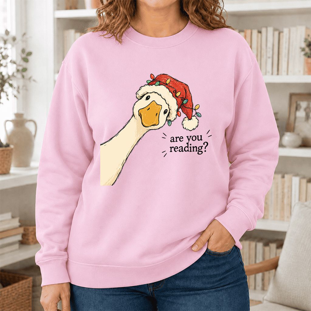 Are You Reading Goose Printed Sweatshirt | Funny Christmas Book Lover Gift Light Pink