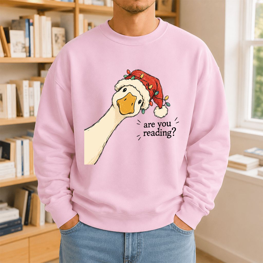 Are You Reading Goose Printed Sweatshirt | Funny Christmas Book Lover Gift Light Pink