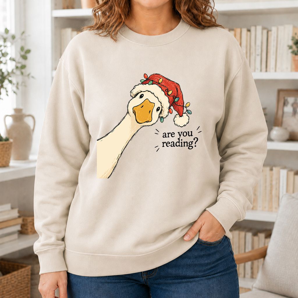 Are You Reading Goose Printed Sweatshirt | Funny Christmas Book Lover Gift Sand