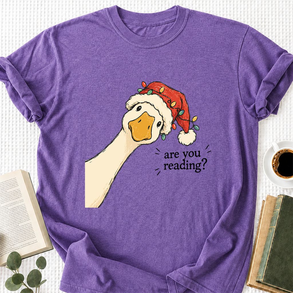Are You Reading Goose Printed T-Shirt | Funny Christmas Book Lover Gift Heather Purple