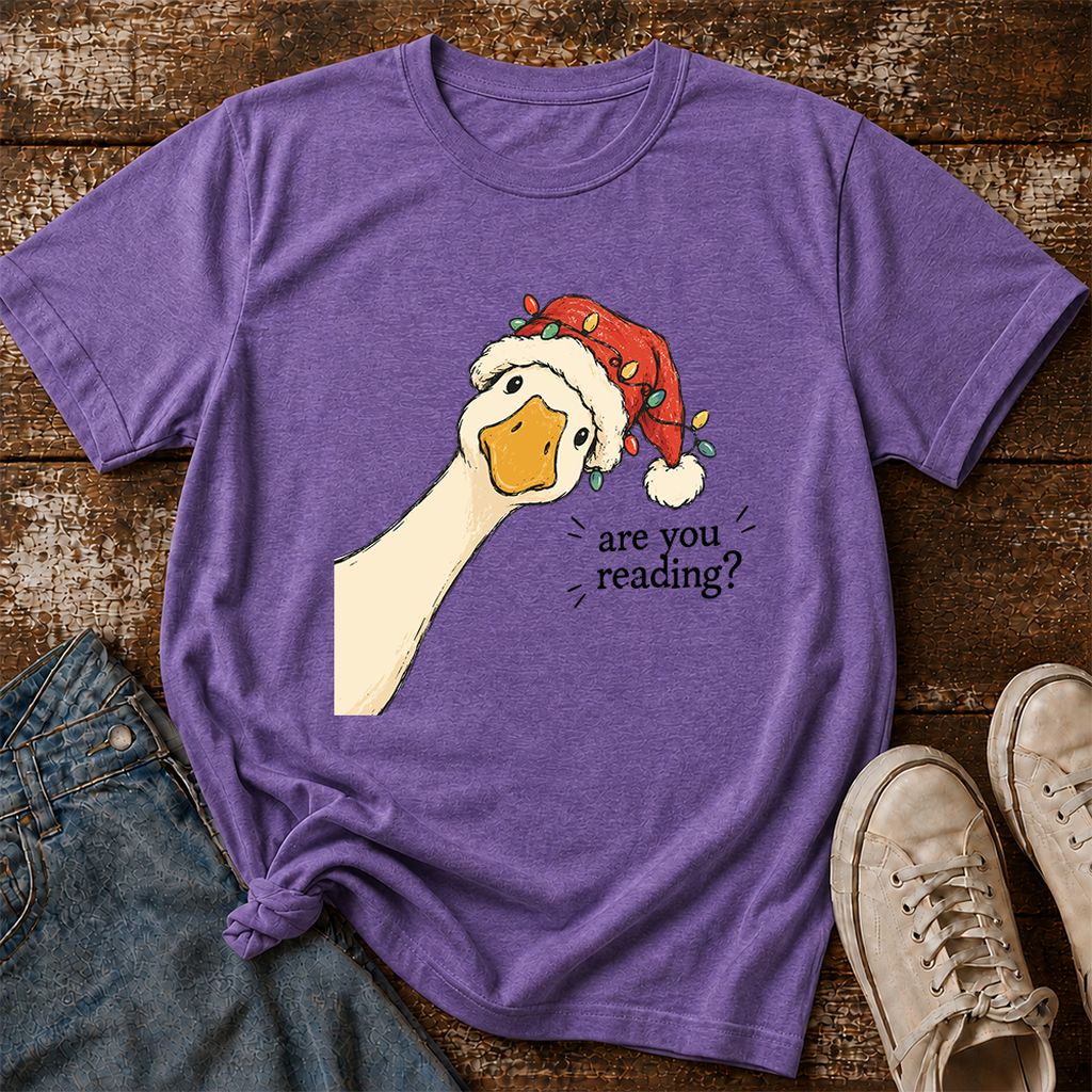 Are You Reading Goose Printed T-Shirt | Funny Christmas Book Lover Gift Heather Purple