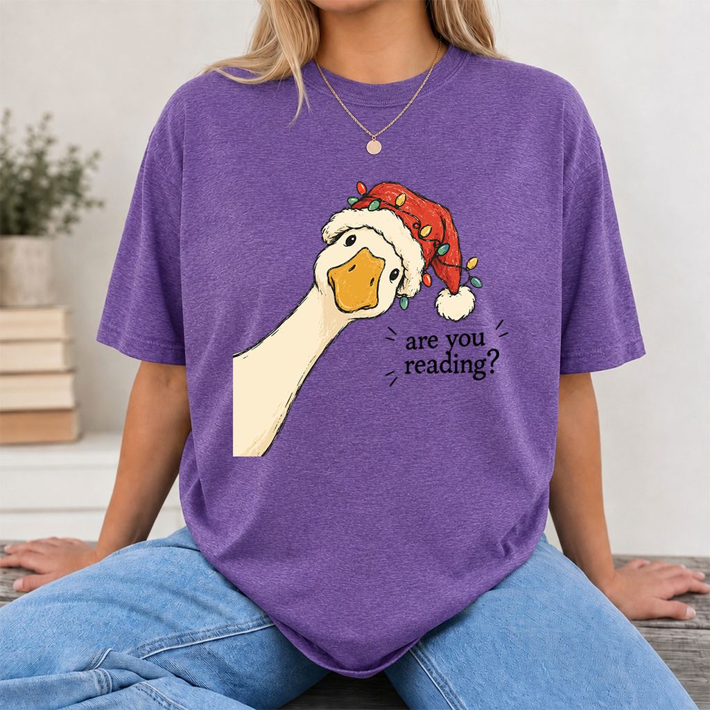 Are You Reading Goose Printed T-Shirt | Funny Christmas Book Lover Gift Heather Purple