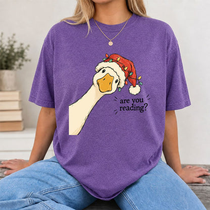 Are You Reading Goose Printed T-Shirt | Funny Christmas Book Lover Gift Heather Purple