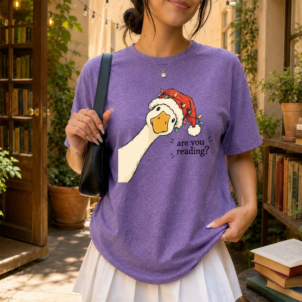 Are You Reading Goose Printed T-Shirt | Funny Christmas Book Lover Gift Heather Purple