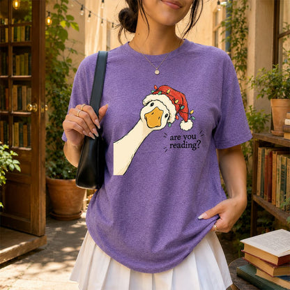 Are You Reading Goose Printed T-Shirt | Funny Christmas Book Lover Gift Heather Purple