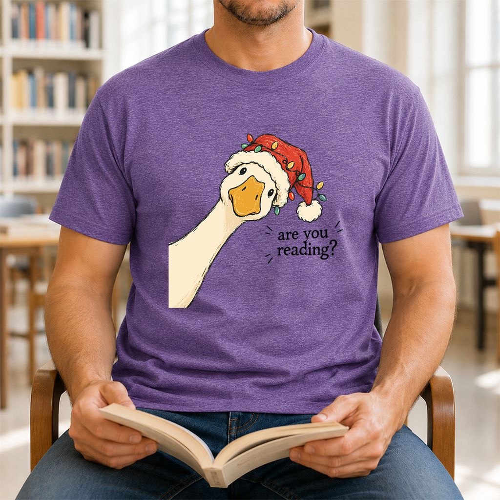 Are You Reading Goose Printed T-Shirt | Funny Christmas Book Lover Gift Heather Purple