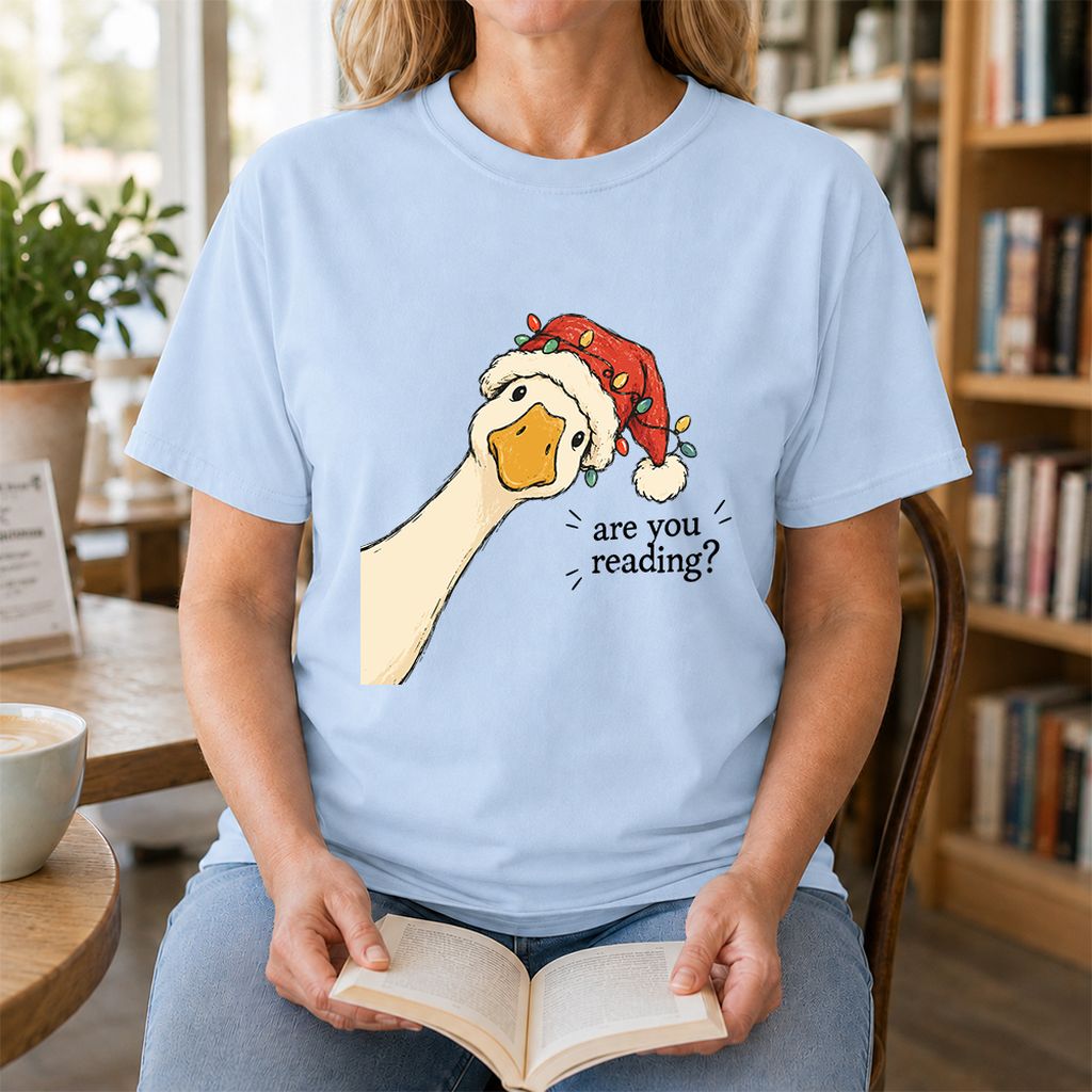 Are You Reading Goose Printed T-Shirt | Funny Christmas Book Lover Gift Light Blue