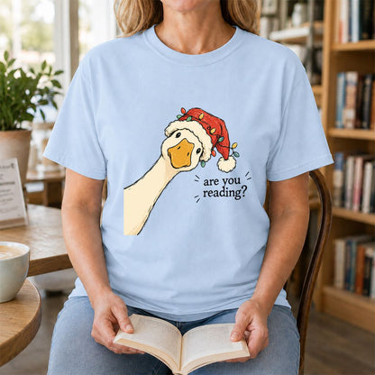 Are You Reading Goose Printed T-Shirt | Funny Christmas Book Lover Gift Light Blue