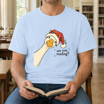 Are You Reading Goose Printed T-Shirt | Funny Christmas Book Lover Gift Light Blue