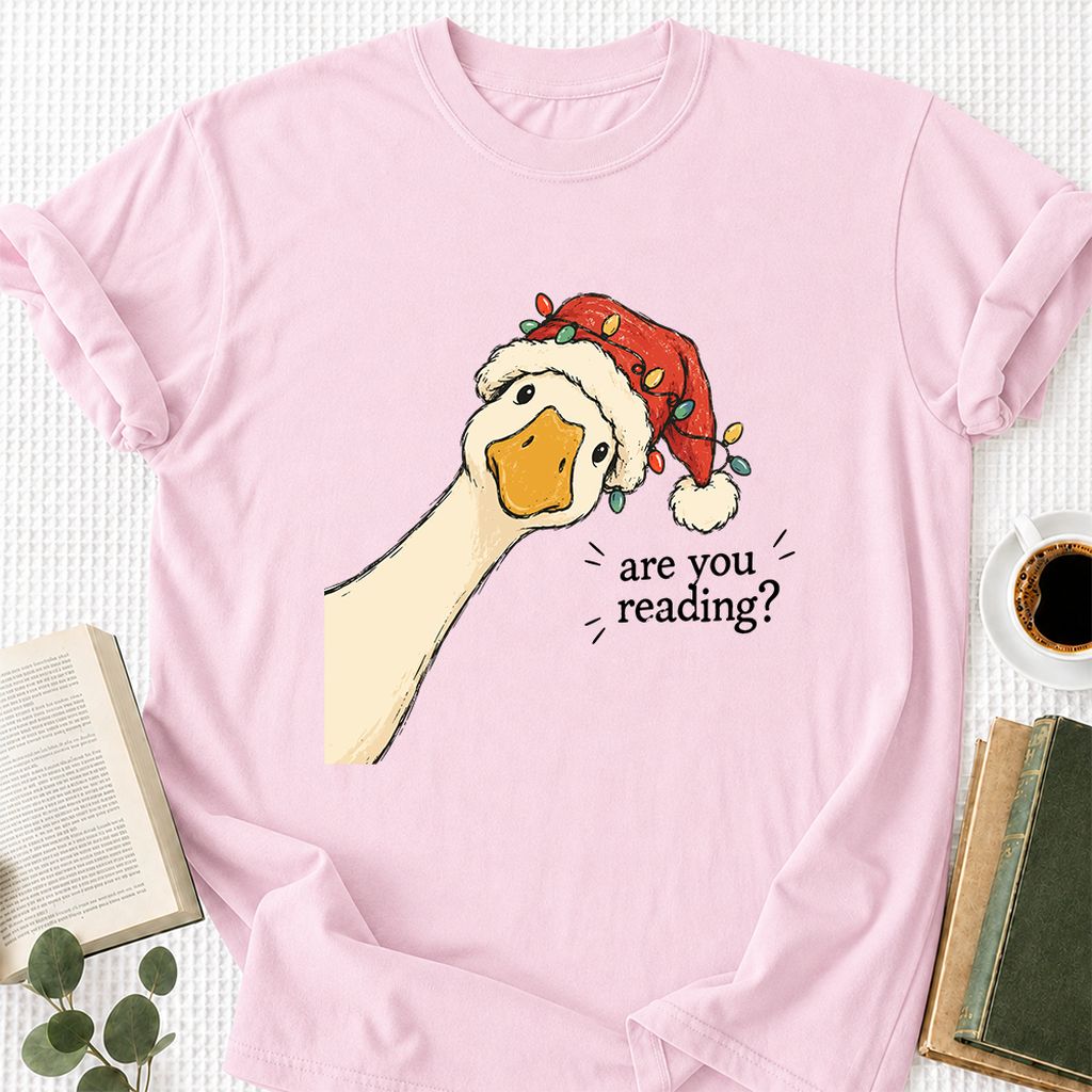 Are You Reading Goose Printed T-Shirt | Funny Christmas Book Lover Gift Light Pink