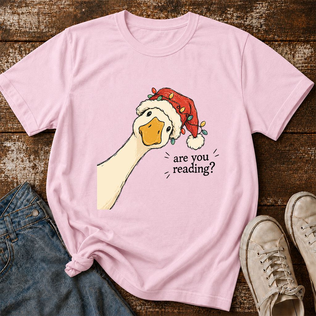 Are You Reading Goose Printed T-Shirt | Funny Christmas Book Lover Gift Light Pink