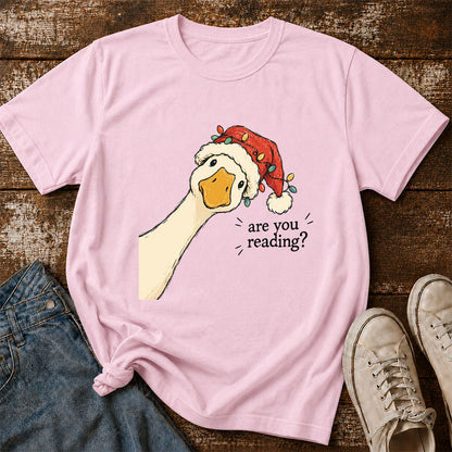 Are You Reading Goose Printed T-Shirt | Funny Christmas Book Lover Gift Light Pink