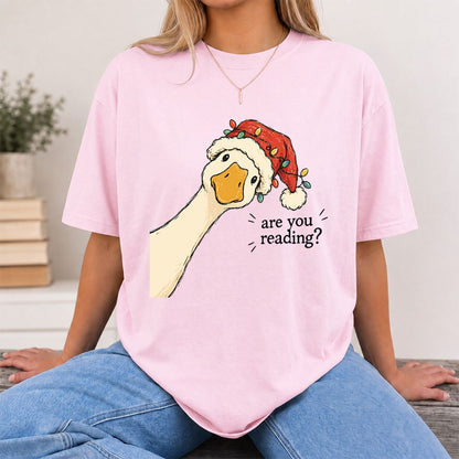 Are You Reading Goose Printed T-Shirt | Funny Christmas Book Lover Gift Light Pink