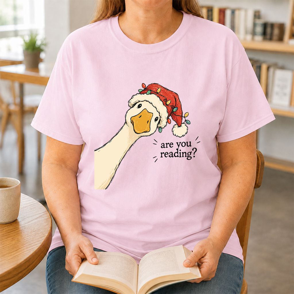 Are You Reading Goose Printed T-Shirt | Funny Christmas Book Lover Gift Light Pink