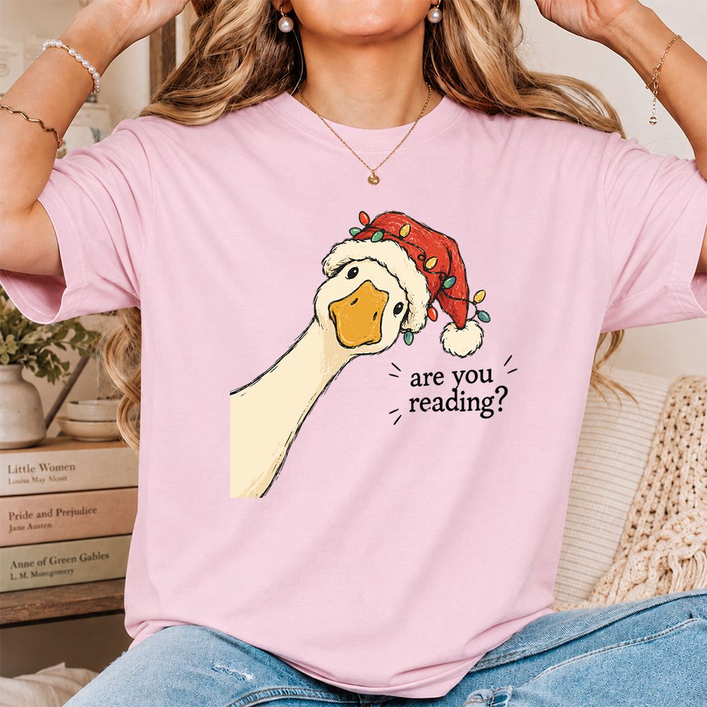 Are You Reading Goose Printed T-Shirt | Funny Christmas Book Lover Gift Light Pink