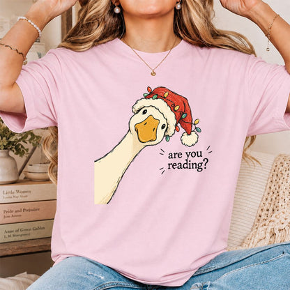 Are You Reading Goose Printed T-Shirt | Funny Christmas Book Lover Gift Light Pink