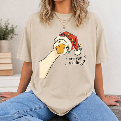Are You Reading Goose Printed T-Shirt | Funny Christmas Book Lover Gift Sand