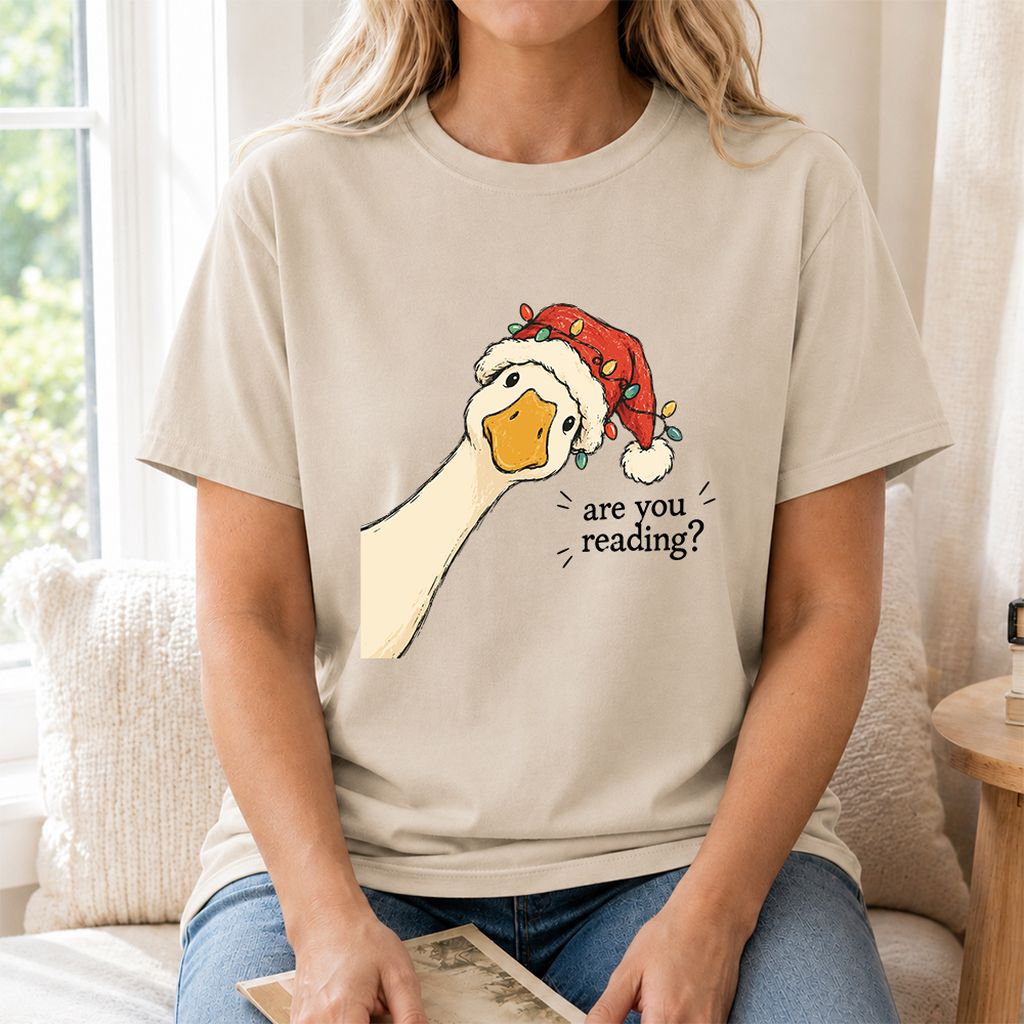 Are You Reading Goose Printed T-Shirt | Funny Christmas Book Lover Gift Sand