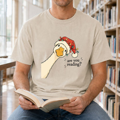 Are You Reading Goose Printed T-Shirt | Funny Christmas Book Lover Gift Sand