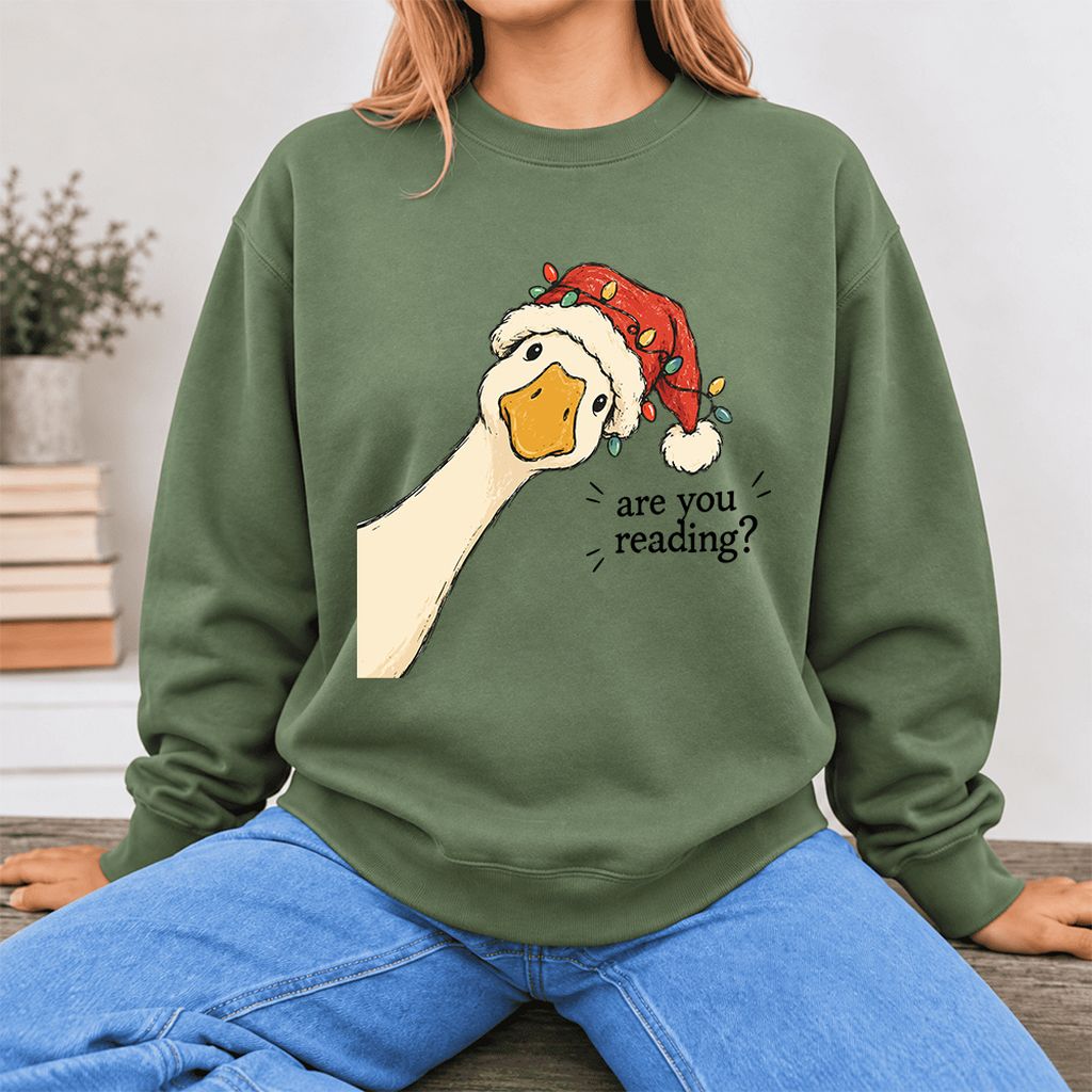 Are You Reading Goose Softstyle Sweatshirt | Funny Christmas Book Lover Gift Military Green