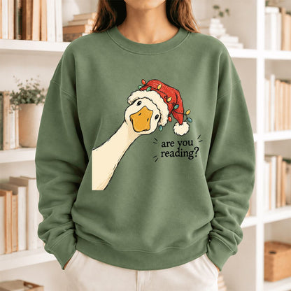 Are You Reading Goose Softstyle Sweatshirt | Funny Christmas Book Lover Gift Military Green