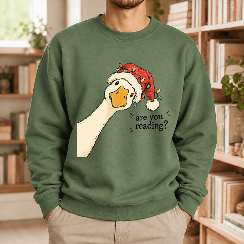 Are You Reading Goose Softstyle Sweatshirt | Funny Christmas Book Lover Gift Military Green