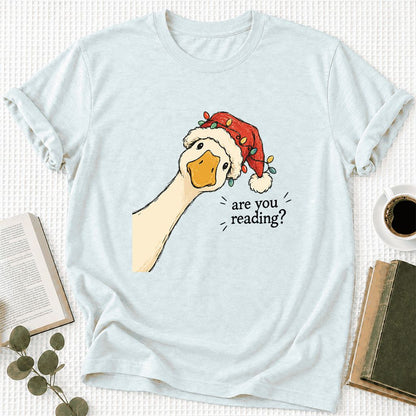 Are You Reading Goose Ultra-Soft Cotton T-Shirt | Christmas Book Lover Gift Heather Ice Blue