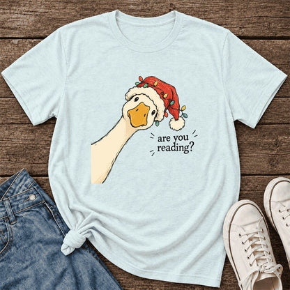 Are You Reading Goose Ultra-Soft Cotton T-Shirt | Christmas Book Lover Gift Heather Ice Blue