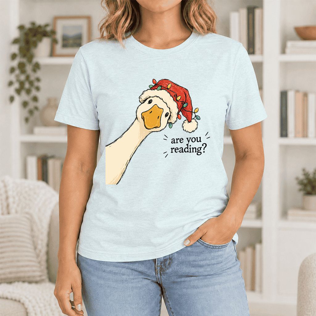 Are You Reading Goose Ultra-Soft Cotton T-Shirt | Christmas Book Lover Gift Heather Ice Blue