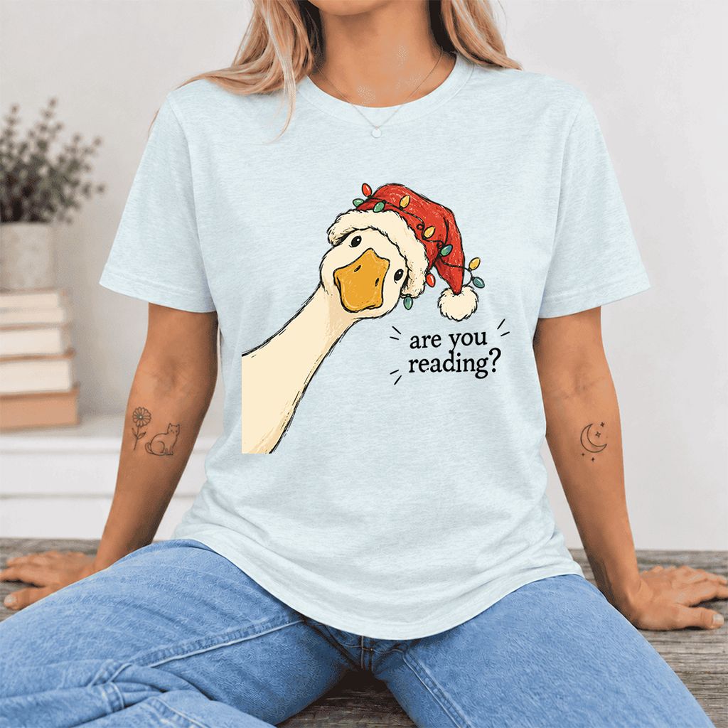 Are You Reading Goose Ultra-Soft Cotton T-Shirt | Christmas Book Lover Gift Heather Ice Blue
