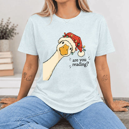 Are You Reading Goose Ultra-Soft Cotton T-Shirt | Christmas Book Lover Gift Heather Ice Blue