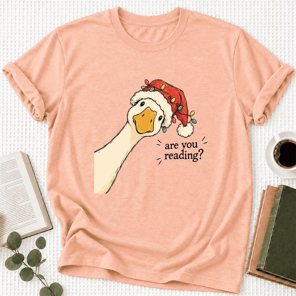 Are You Reading Goose Ultra-Soft Cotton T-Shirt | Christmas Book Lover Gift Heather Peach