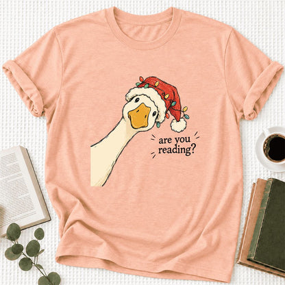 Are You Reading Goose Ultra-Soft Cotton T-Shirt | Christmas Book Lover Gift Heather Peach