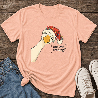 Are You Reading Goose Ultra-Soft Cotton T-Shirt | Christmas Book Lover Gift Heather Peach