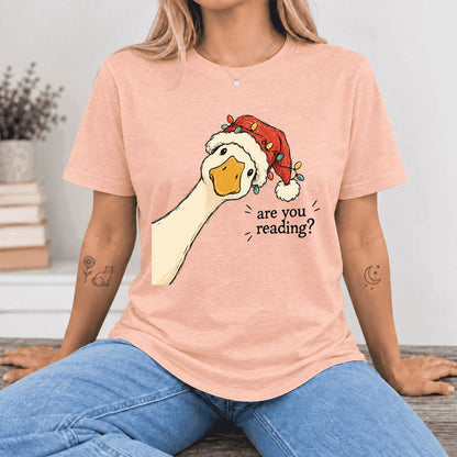 Are You Reading Goose Ultra-Soft Cotton T-Shirt | Christmas Book Lover Gift Heather Peach