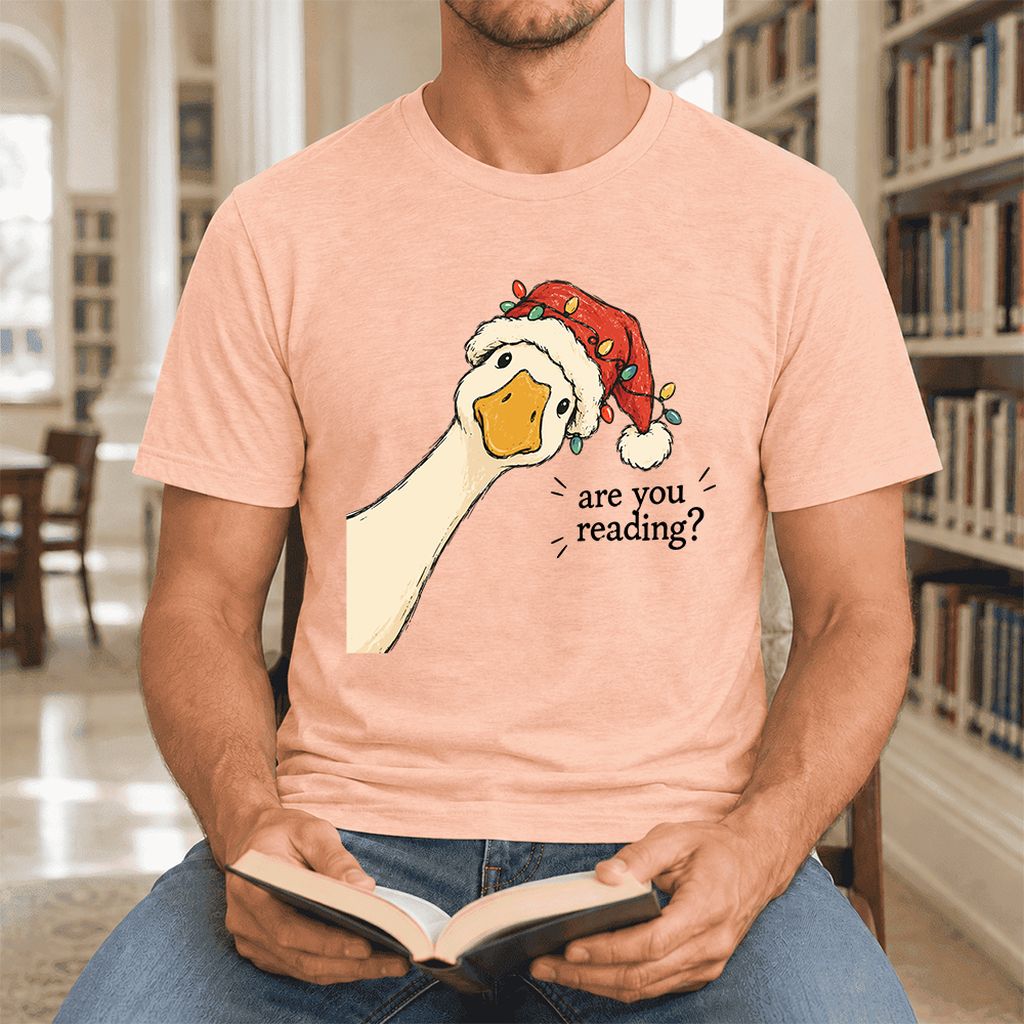 Are You Reading Goose Ultra-Soft Cotton T-Shirt | Christmas Book Lover Gift Heather Peach