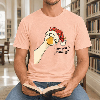 Are You Reading Goose Ultra-Soft Cotton T-Shirt | Christmas Book Lover Gift Heather Peach