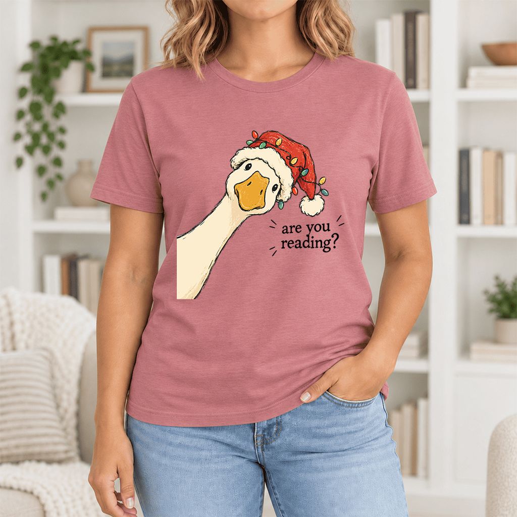 Are You Reading Goose Ultra-Soft Cotton T-Shirt | Christmas Book Lover Gift Mauve