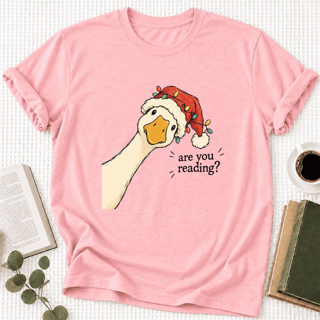 Are You Reading Goose Ultra-Soft Cotton T-Shirt | Christmas Book Lover Gift Pink